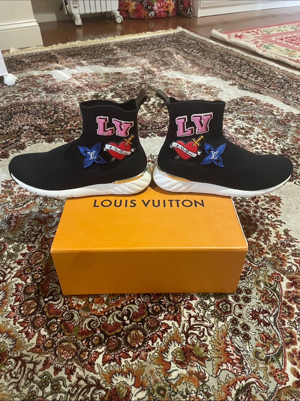 Louis Vuitton authentic Knit Sock Sneakers with Pink LV Patches and Blue Accent